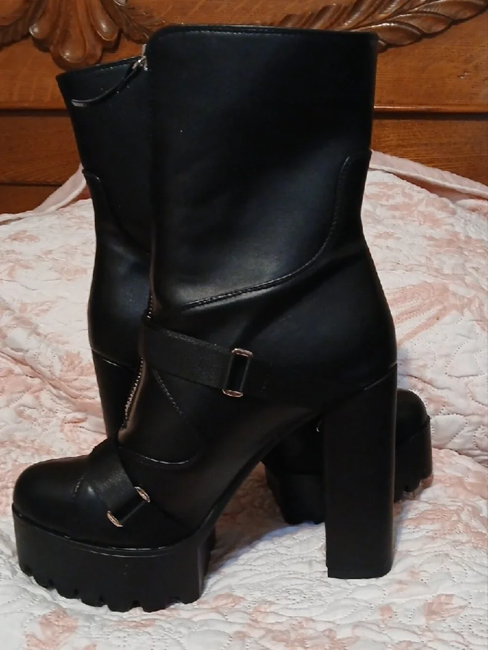 Women's Black Platform Heeled Ankle Boots with Front Zip